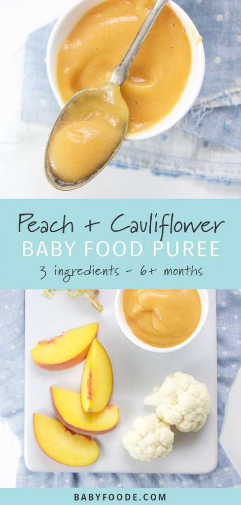 Peach and cauliflower stage two baby puree in a small white bowl with a silver spoon.