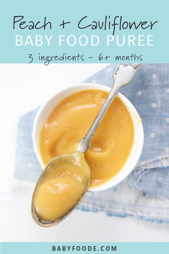 Peach and cauliflower stage two baby puree in a small white bowl with a silver spoon.
