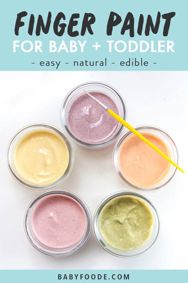 Graphic for post - Finger Paint for Baby + Toddler - easy - natural - edible. Image is of a layout of the jars of finger paints. 
