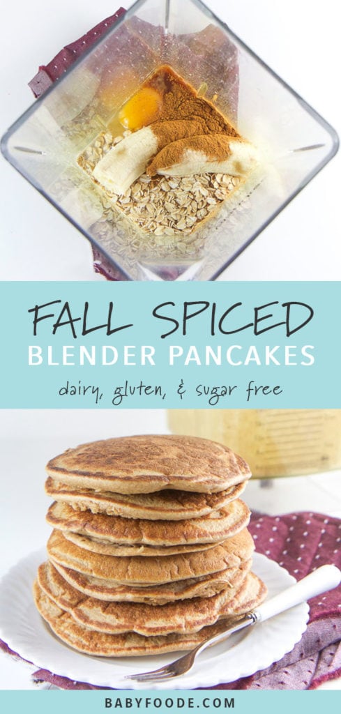 Pinterest image for allergy friendly fall spiced blender pancakes for toddlers and kids.