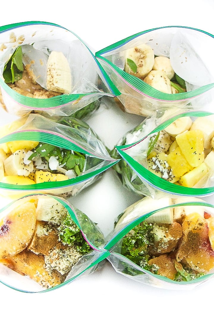 smoothie packs lined up and ready to blend.