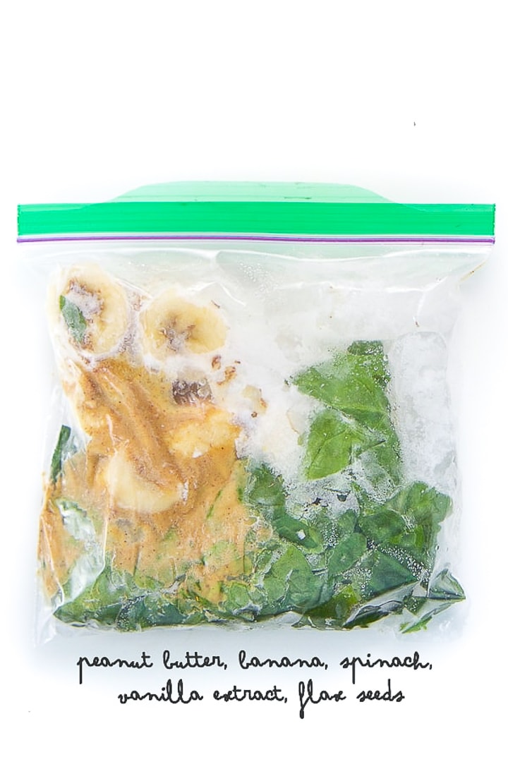 smoothie pack for a spinach peanut butter smoothie for toddlers and kids.