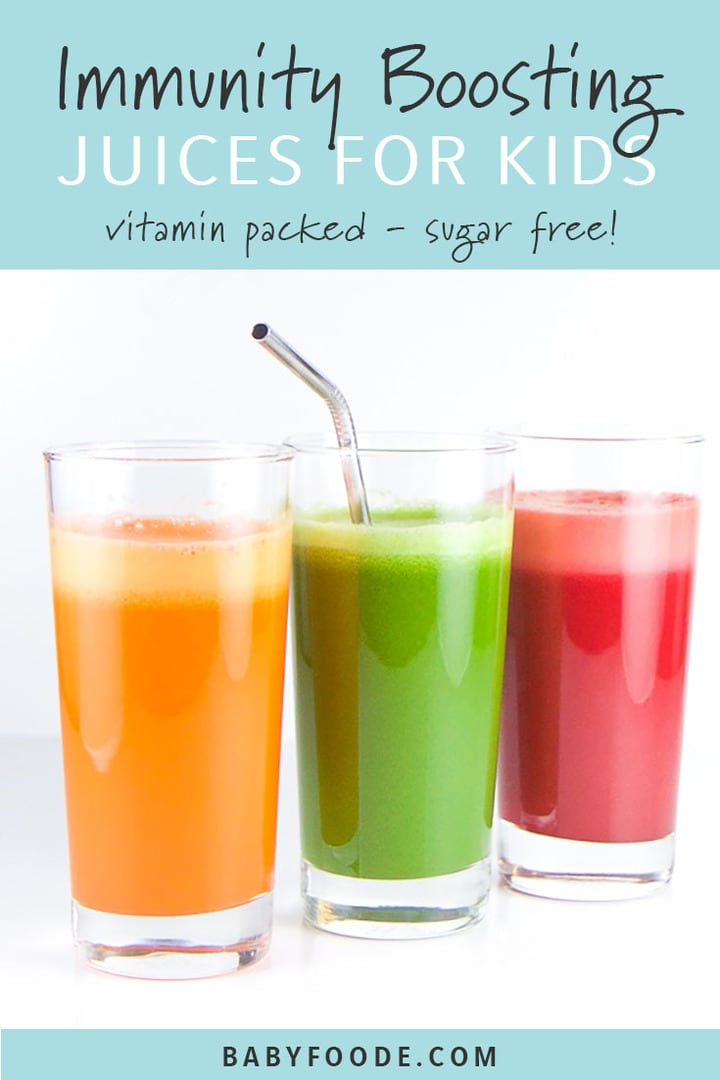 Three colorful and kid friendly immunity boosting juices on a white background.