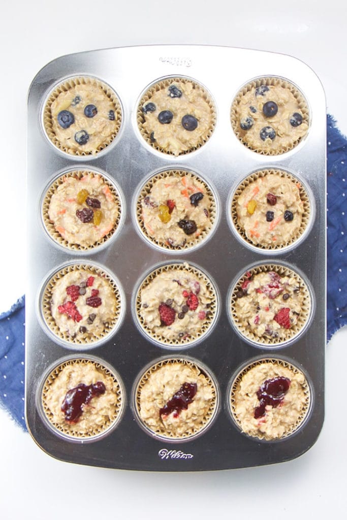 muffin tin of ready to bake oat muffin cups.