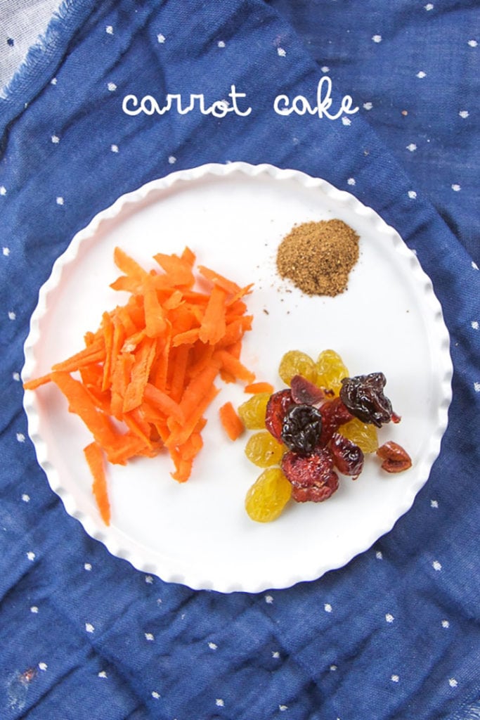 plate of toppings for oatmeal muffin cups for baby, toddler and kids - carrot cake.