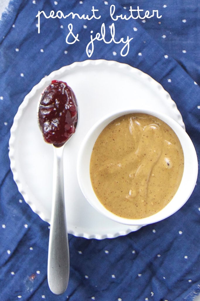 plate of toppings for oatmeal muffin cups for baby, toddler and kids - pb and j.