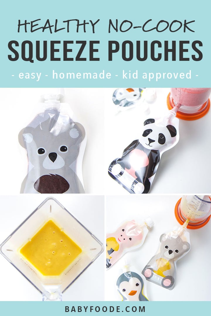 A collage of healthy no cook toddler squeeze pouch recipes.