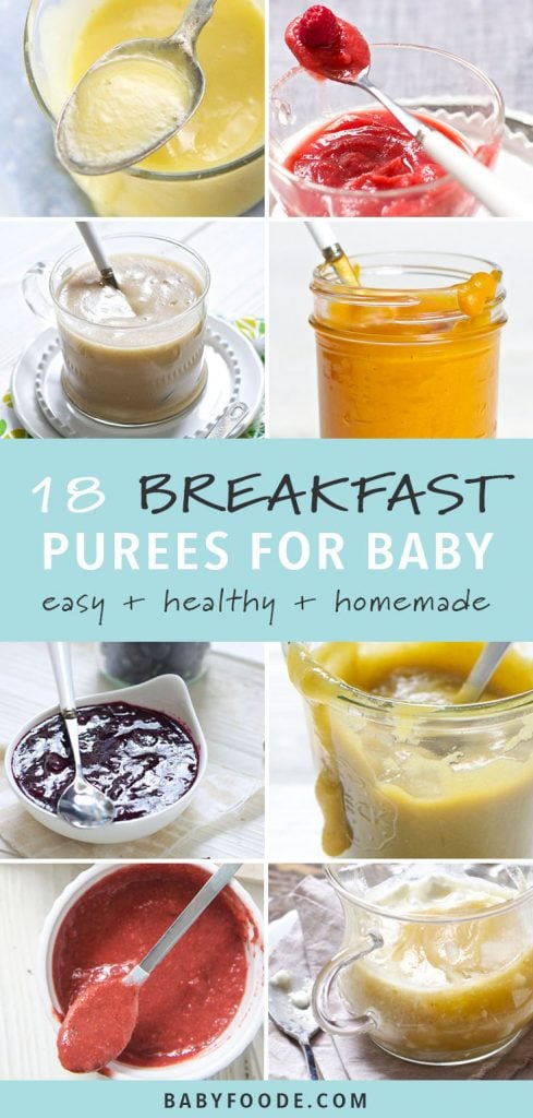 A collage of homemade baby food recipes for breakfast.