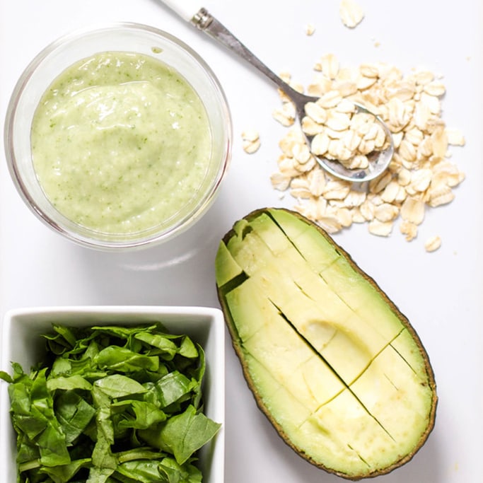 A spread of produce and a finished baby food puree. 