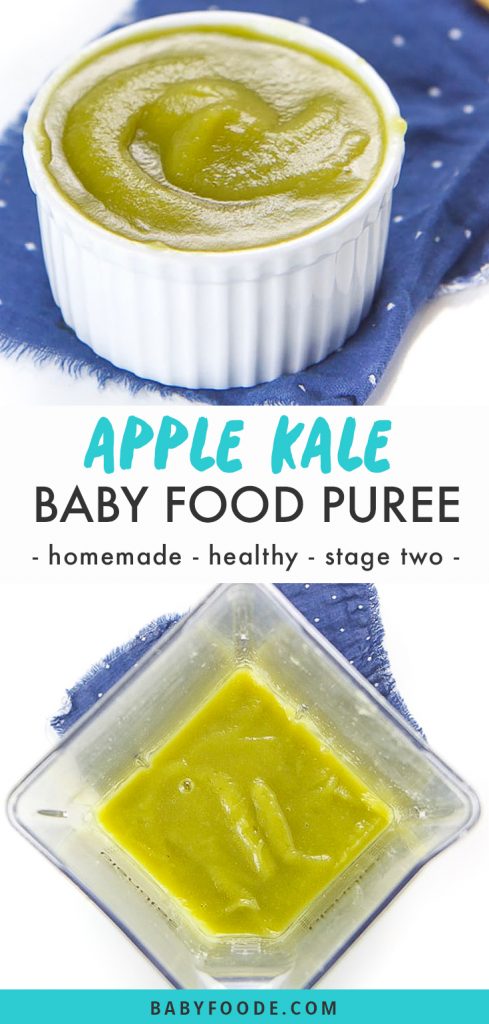 Graphic for Post - apple kale baby food puree - homemade - healthy - stage two with images of a bowl full of puree and a blender just blended the puree.