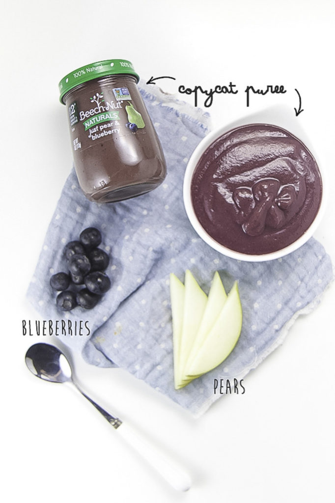 Layout of small bowl of pear blueberry baby food puree with chopped pears, blueberries and a jar of store bought baby food puree.