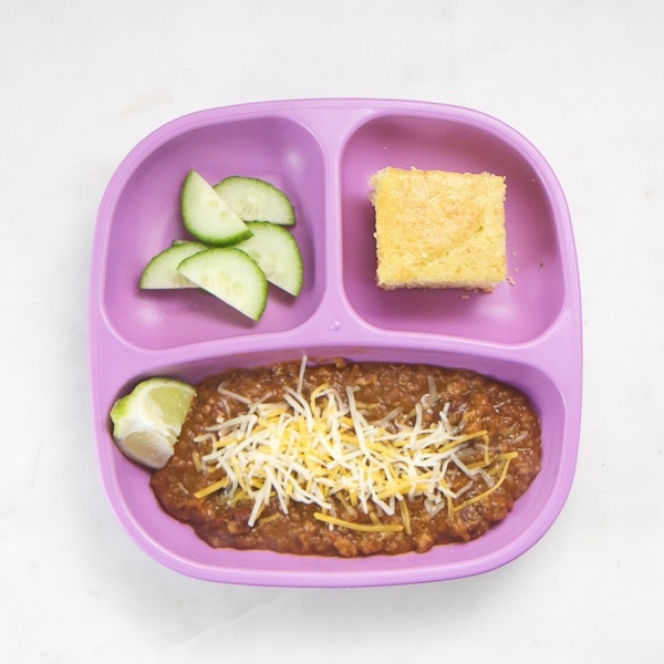 toddler dinner idea - plate with chili and sides