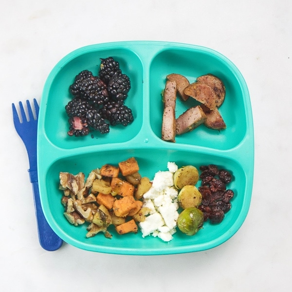 toddler plate with healthy dinner on it.