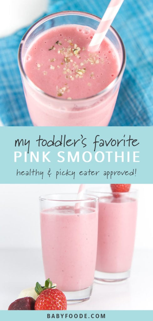 Pinterest collage for a healthy kid friendly pink smoothie recipe.