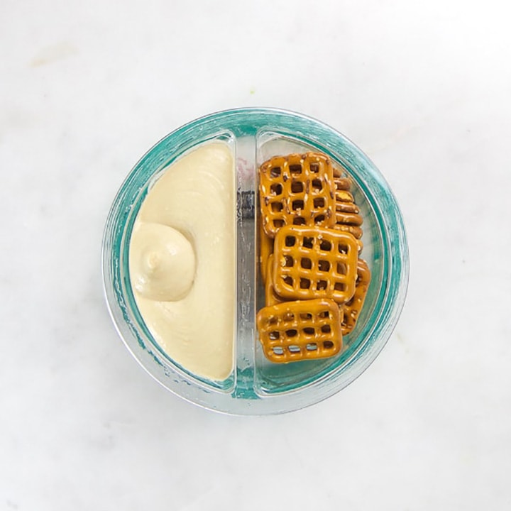 pretzels with hummus for toddler snack.
