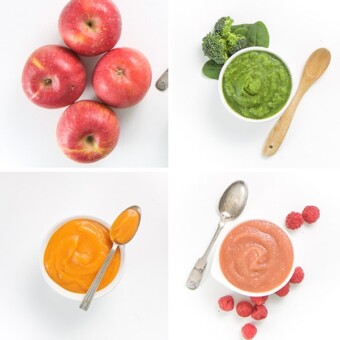 A collage of apple purees for baby and toddler prepared three different ways.