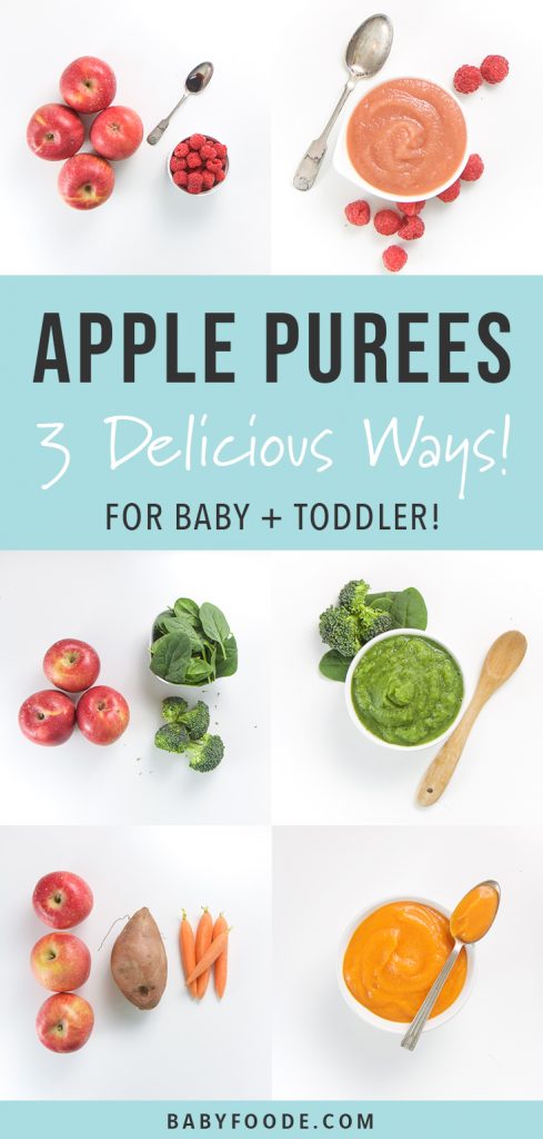A collage of apple purees for baby and toddler prepared three different ways.