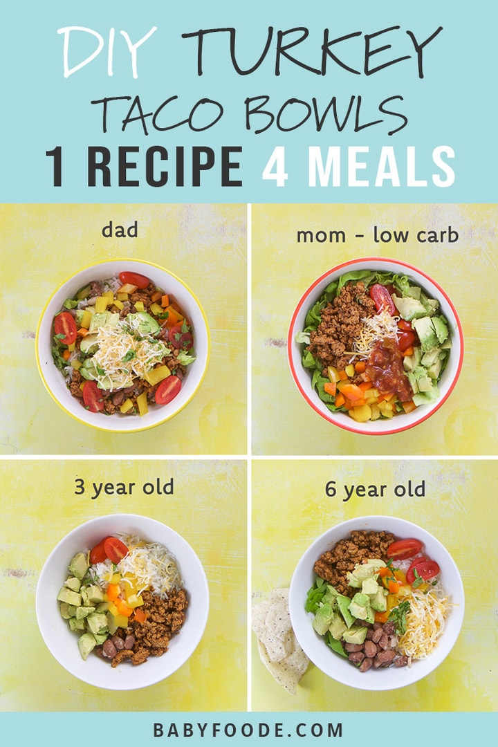 A collage of various combinations of Turkey Taco dinner bowls for adults, kids, and toddlers. 
