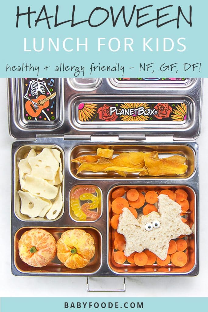 graphic for post with a lunch box containing fun halloween themed foods for kids.
