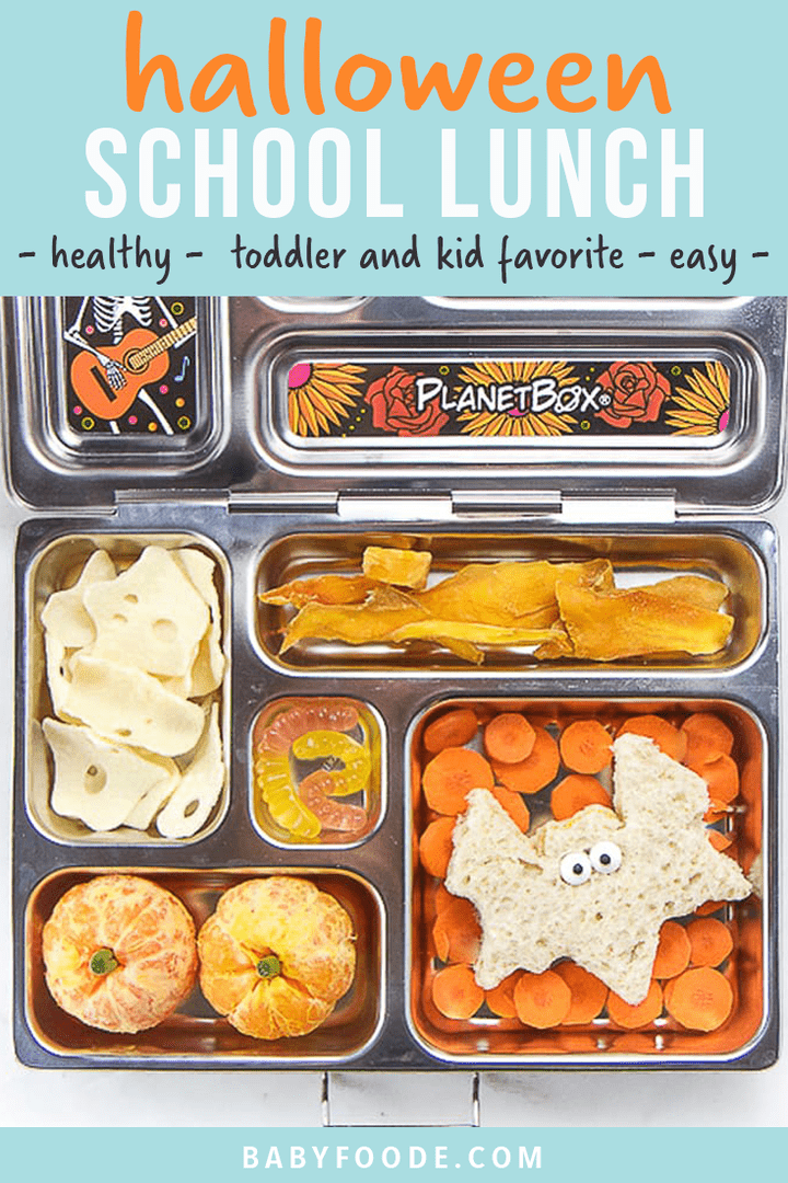 Graphic for Post - halloween school lunch - healthy.- toddler and kid favorite - easy. Image is of an open lunch box with healthy halloween themed food inside. 