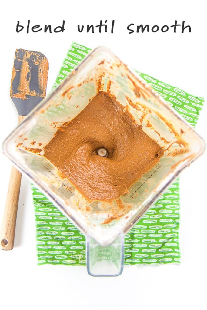 blender with batter and chocolate chips for pumpkin chocolate muffins