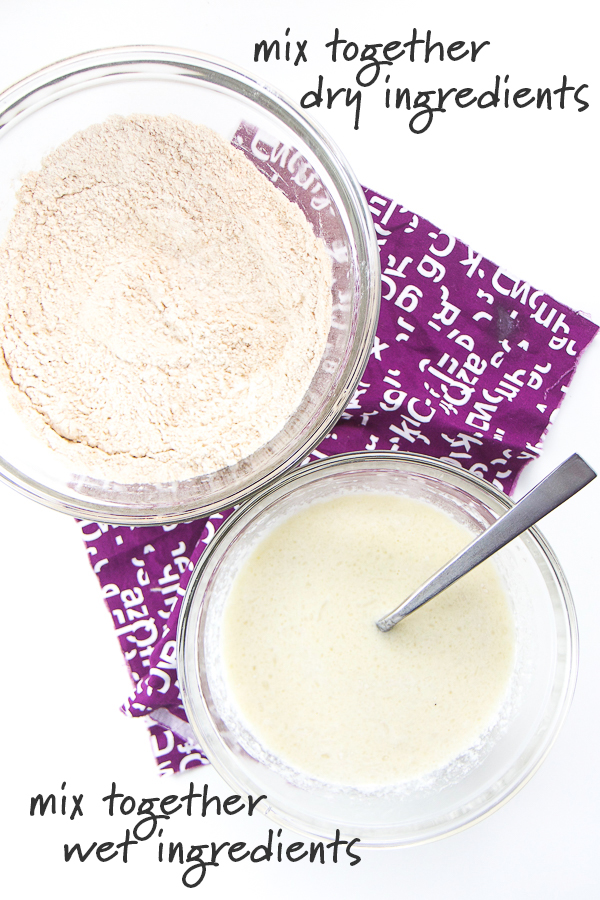 The dry and wet ingredients for golden milk waffles mixed in separate bowls.