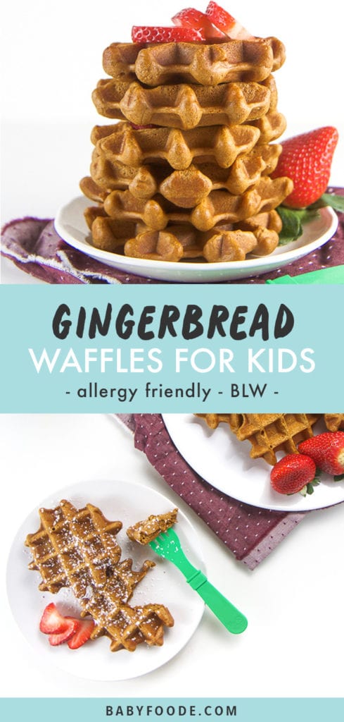 Pinterest collage for healthy gingerbread waffles recipe.