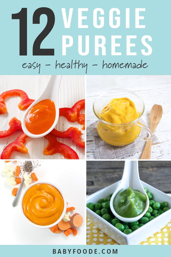 A collage of vegetable only purees for baby. 
