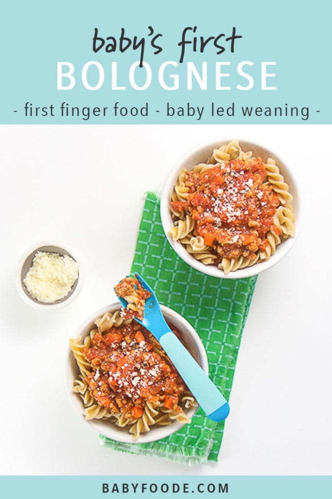 Pinterest image for baby's first bolognese - a quick and easy recipe for baby led weaning.