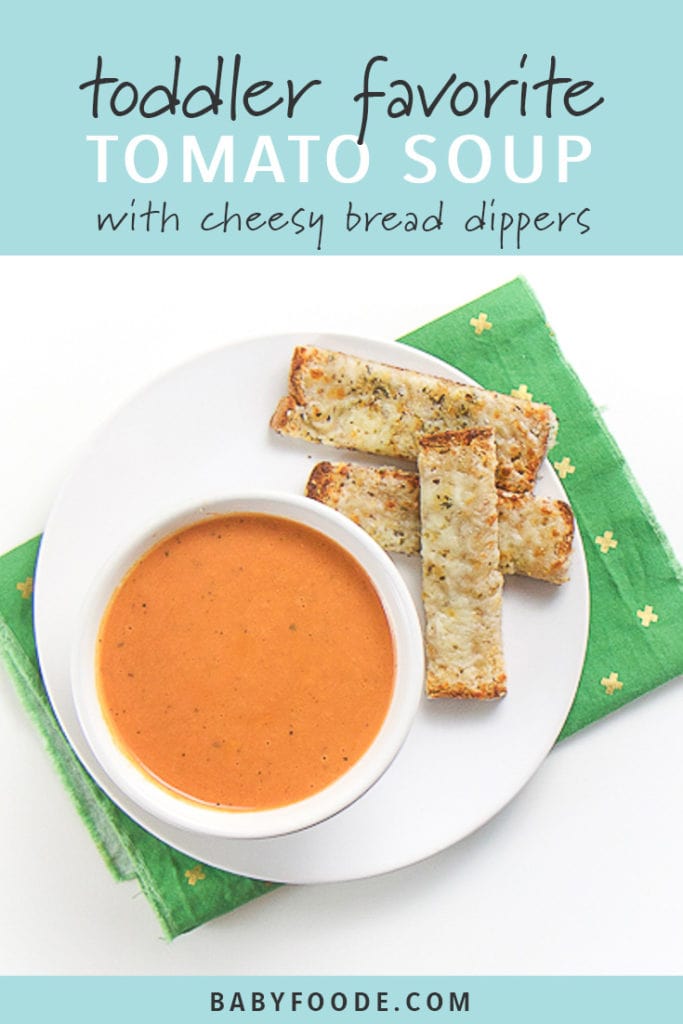 Pinterest image for Tomato Soup with Cheesy Bread Dippers.