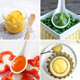 A collage of vegetable only baby food purees.