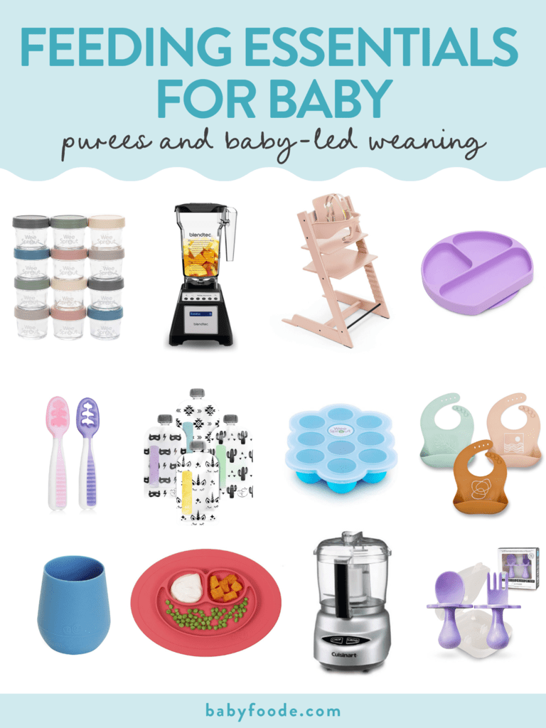 Graphic for post – eating essentials for baby, purées or baby lead weaning. Images are of products against a white background that help feed baby.