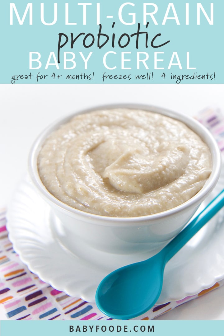 graphic of post - wording on the top with blue background - multi-grain probiotic baby cereal. picture on the bottom of a small white bowl filled with homemade baby cereal, with dark blue spoon nestled on plate on a white table.
