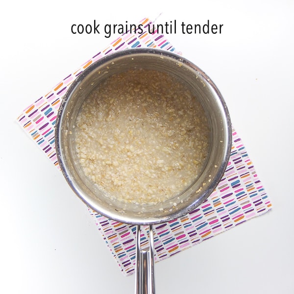 a small silver saucepan has the rice, oats and barley cooked and ready to be pureed.