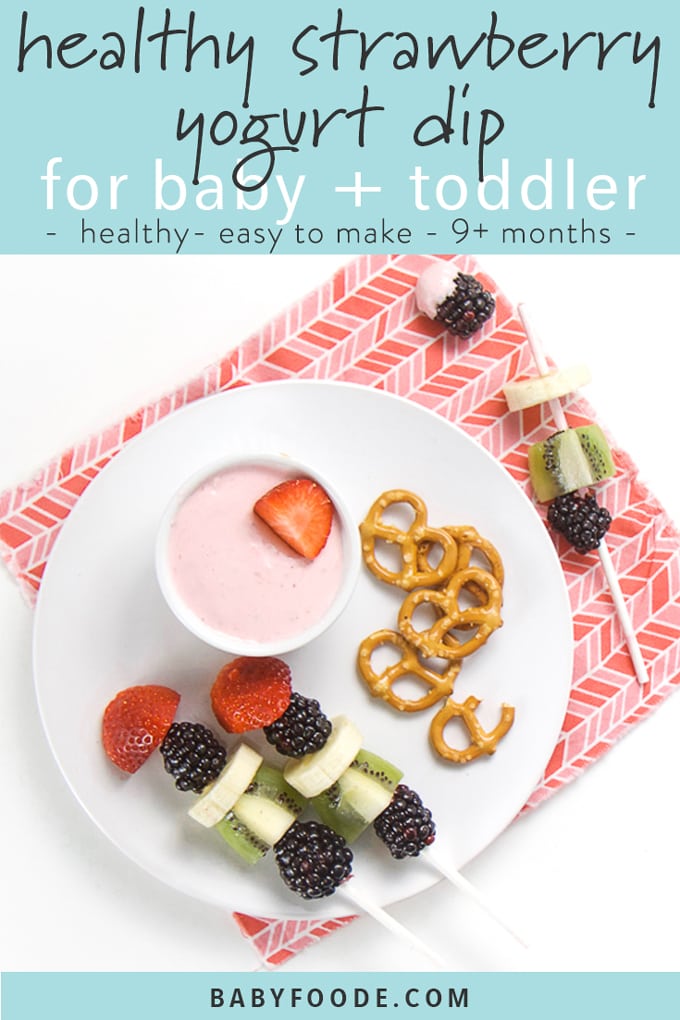 healthy strawberry yogurt dip graphic - round white plate with small white bowl filled with strawberry yogurt dip. Finger food dippers - fruit kebabs and pretzels are on the plate.