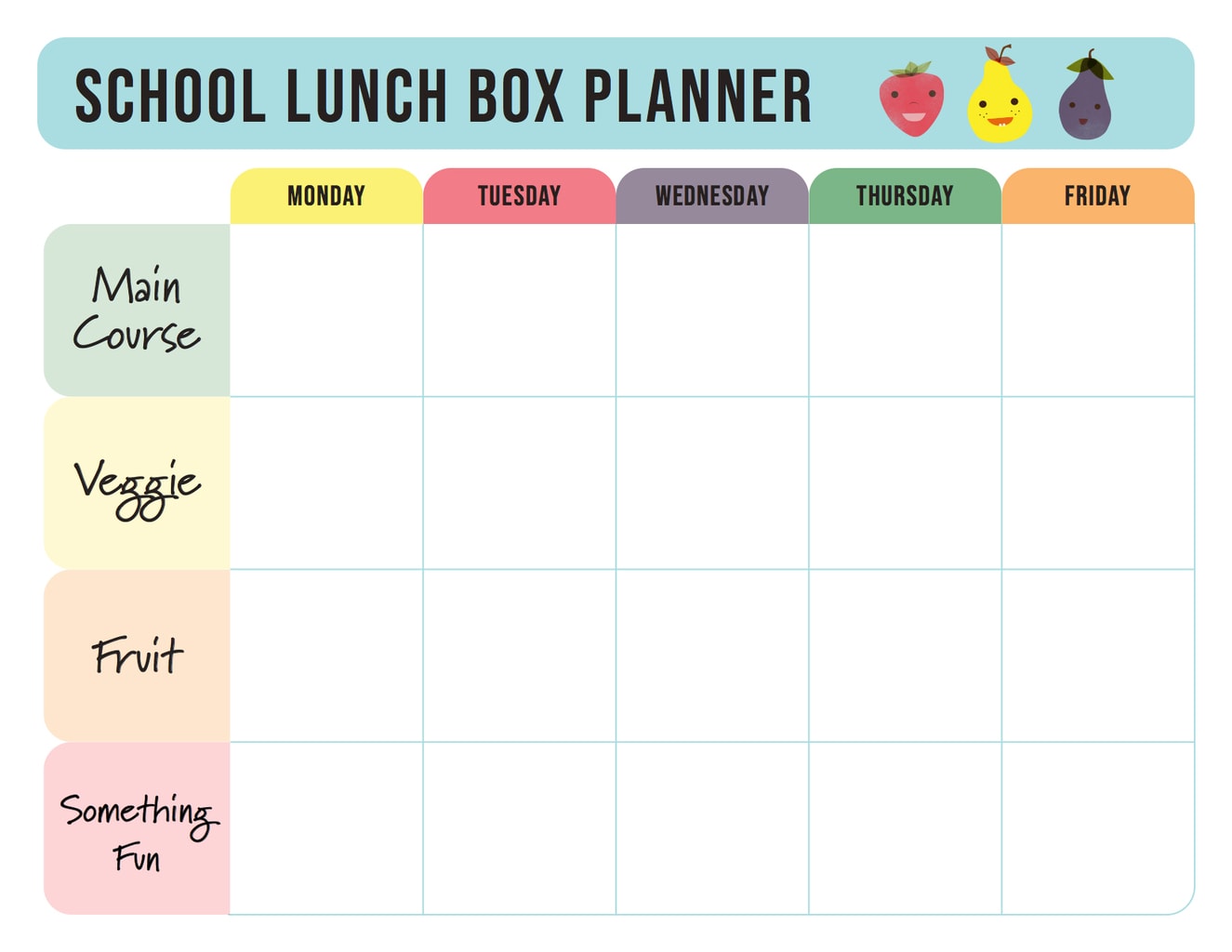 School Lunch Box Planner with categories on the left with main course, veggie, fruit and something fun. Along the top there are the days of the school week - Monday, Tuesday, Wednesday, Thursday and Friday.