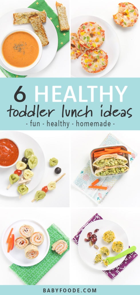 A pinterest image showing a collage of healthy and homemade toddler lunch ideas.