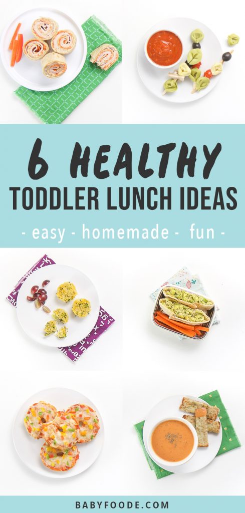 graphic for post - text reads, 6 healthy Toddler lunch ideas - easy - homemade -fun. Image is a grid of the lunches on a white background.