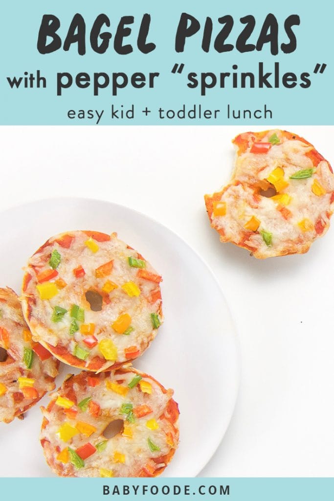graphic for post - text reads bagel pizzas with pepper "sprinkles" easy kid+toddler lunch. Image is of a round white plate sitting on a white surface. On the plate are 3 mini bagel pizzas and there is one bagel pizza sitting on the surface with a bite taken out.