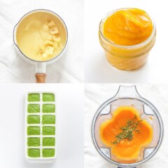 A collection of 4 month baby food recipes in a grid.