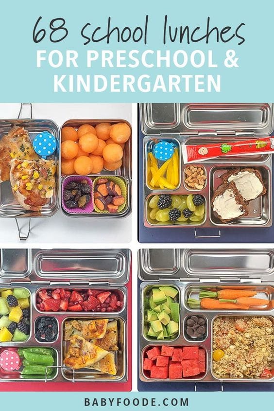 Graphic for post - 68 school lunches for preschoolers and kindergarteners with a grid of images with school lunches.