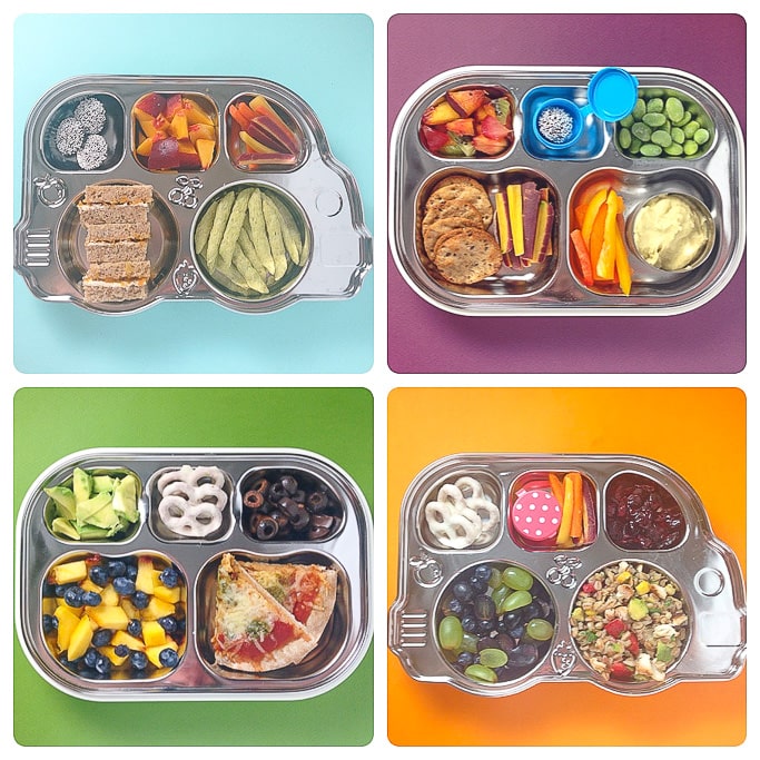 A grid of 4 bento boxes filled with healthy and colorful school lunches.