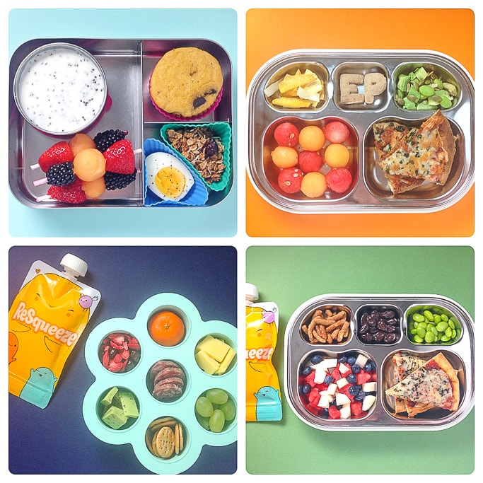A grid of 4 school lunches that are great for toddlers or preschoolers.