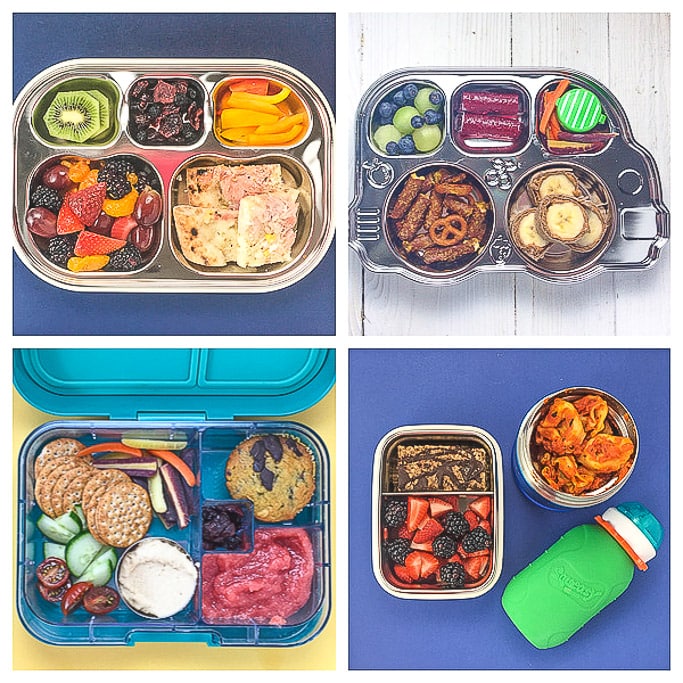 A grid of 4 healthy school lunches for toddlers and preschoolers.