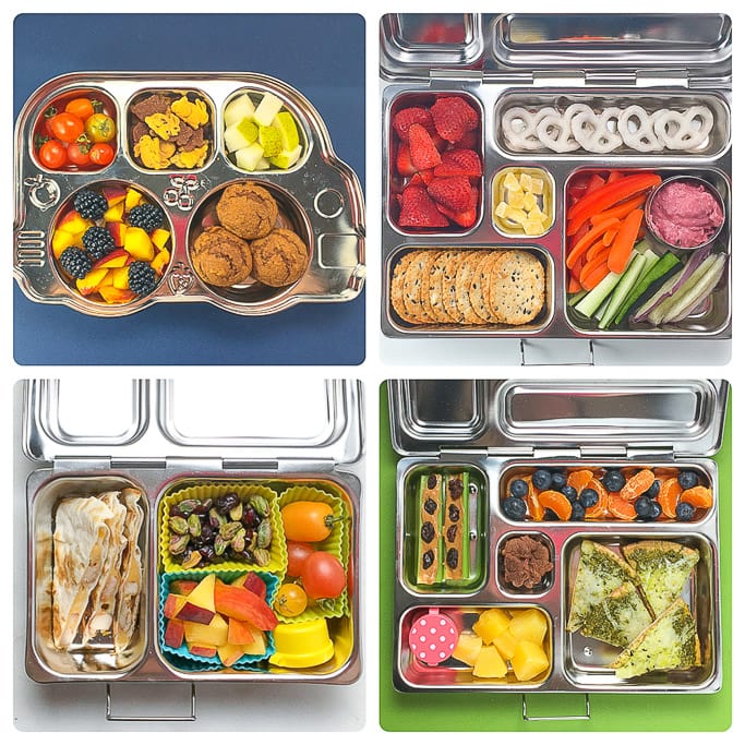 4 different bento school lunches for kids in a grid against different colored backdrops.