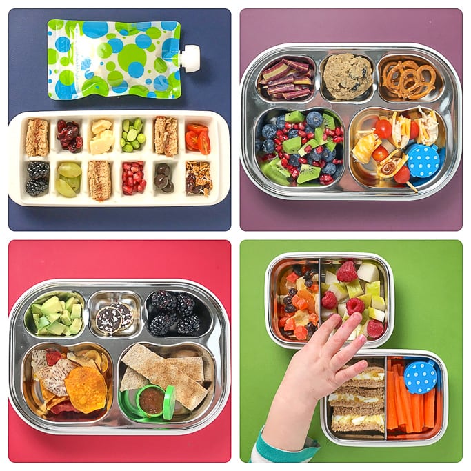 A grid of 4 different colorful and healthy lunch ideas for kids.