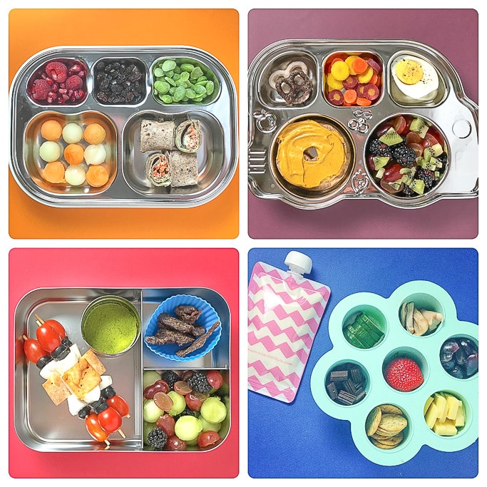 4 bento boxes packed with healthy school lunch ideas for toddlers and kids.
