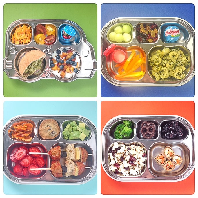 4 school lunch ideas in a grid against colorful backdrops.