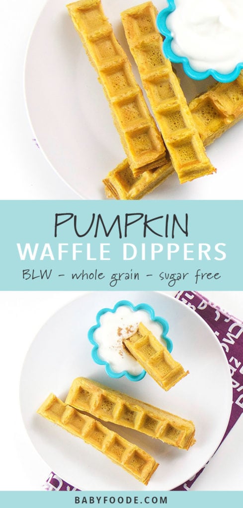 Pinterest collage for pumpkin waffle dippers recipe.