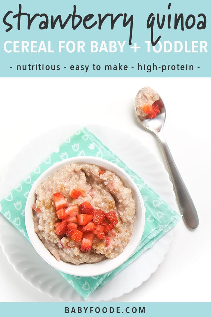 Graphic for Strawberry Quinoa Breakfast Cereal for baby and toddler. Picture of a bowl full of breakfast cereal with chunks of strawberries on top.